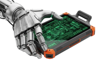Metallic robotic hand gripping rugged matte black industrial tablet displaying neon green holographic schematics, transparent studio background with copy space, Concept of industrial technology and