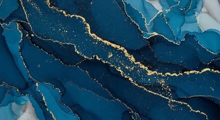 Luxurious Blue Marble Abstract With Gold Veins And White Marble Accents, Elegant Modern Art