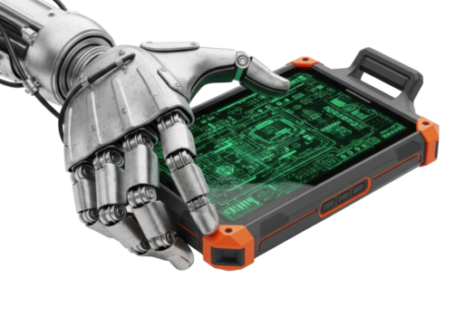 Metallic robotic hand gripping rugged matte black industrial tablet displaying neon green holographic schematics, transparent studio background with copy space, Concept of industrial technology and