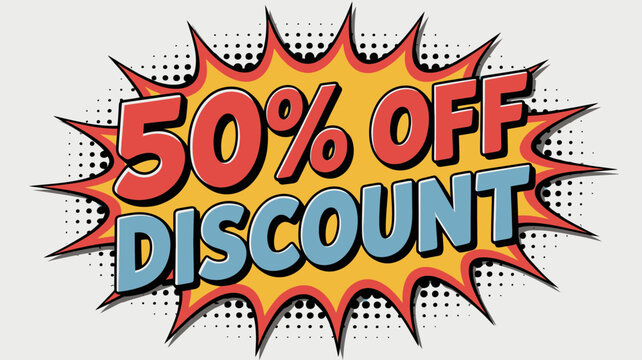 Snag This Deal Now! Dynamic 50% Off Discount Comic Style Graphic to Boost Sales, Perfect for Eye-Catching Marketing Campaigns and Promotions