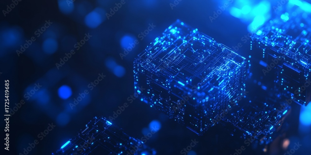 Poster minimalist geometric high tech abstract background with glowing nodes on digital blue circuitry