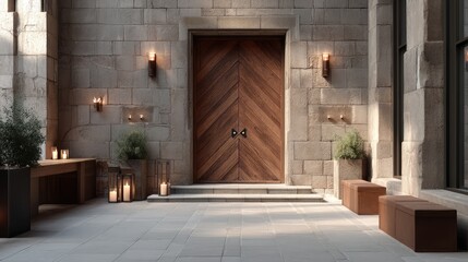 Ornate Wooden Doorway in Stone Building with Candlelight Ambience in Cinematic HDR Architecture Style Ultra Detail
