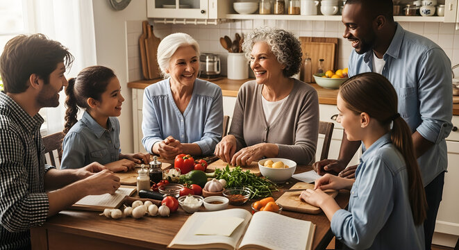 Happy Multi-generational Family Preparing Food Together in Kitchen