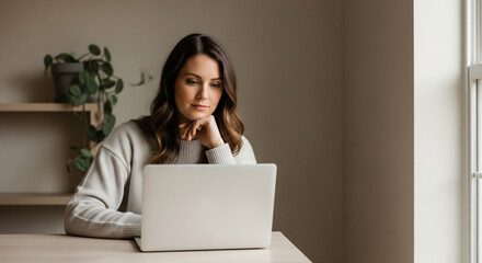 Thoughtful woman working from home on her laptop near a window, cozy and serene workspace for remote work, focusing on a project with a calm expression