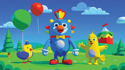 Naklejka premium Balloons and a circus tent. cartoon in a landscape. These vector pictograms of characters, birds, monsters, and balloons, outdoor, tent illustration.