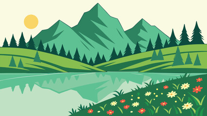 Fototapeta premium A sun shines above the mountains that are reflected in the calm lake waters