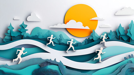 Obraz premium Creative Paper Cutout Illustration of Runners in a Mountainous Landscape with a Sunny Sky, Depicting Movement and Competition
