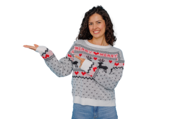 Woman in christmas sweater smiling, pointing, and presenting holiday celebration concepts on transparent background