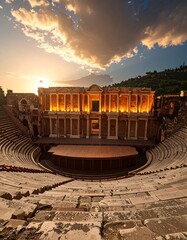 Ancient stone amphitheater at sunset, illuminated stage