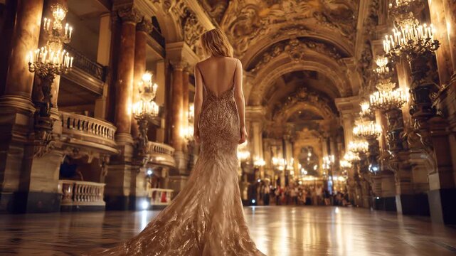 Elegant woman in a glamorous dress walking inside a golden palace hall, surrounded by ornate architecture and luxury atmosphere.
