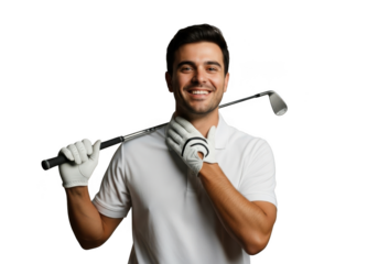 Smiling golfer with club over shoulder ready for a day on the green isolated on transparent background