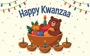 Kwanzaa celebration banner with kinara and seven lit candles, playful teddy bear in a bowl of berries, hanging string lights and confetti, warm family greeting design for cards and banners