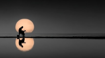Person reading under moonlight silhouette