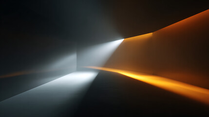 An abstract graphic portrays two intersecting beams of light&mdash;one stark white, one warm orange&mdash;cutting through darkness, creating a dramatic interplay of light and shadow, symbolizing opposing forces 