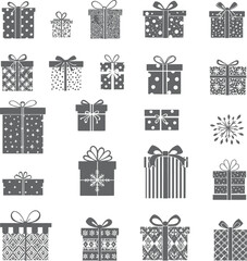 Gift box icon set with bows and patterns in black vector style featuring 25 festive packaging designs for celebration themes