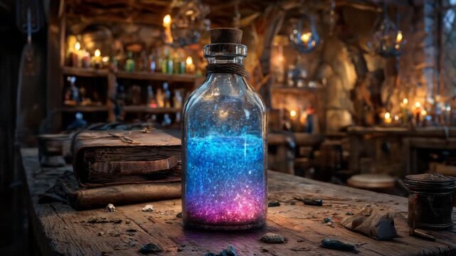 A glowing, iridescent potion sits within a glass bottle in an antique apothecary.