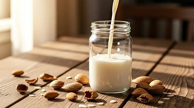 Pouring fresh plant-based almond milk into a glass jar on a sunlit wooden table