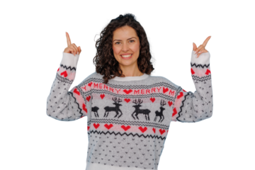 Woman in christmas sweater pointing up, celebrating winter holiday season with happy expression, transparent background