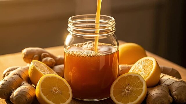 Golden ginger and lemon elixir pouring into a glass jar, a vibrant and healthy immune-boosting beverage