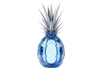 Highly stylized futuristic geometric pineapple, glowing azure, sharp metallic blades, polished, isolated transparent background. Concept of innovative synthetic beauty