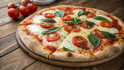 Crispy baked pizza featuring melted cheese, vibrant tomato slices, and basil leaves for a fresh Italian presentation.
