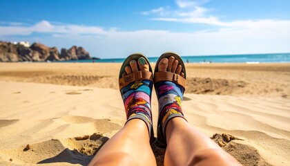 Relaxing on the beach Colorful sandals and ocean view