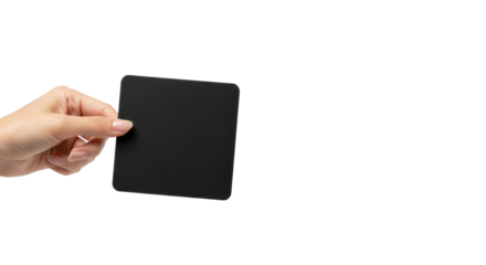 Delicate manicured Asian female hand, mid-20s, nude nails, presenting pristine matte black square invitation card on transparent background with copy space, concept of luxury invitation