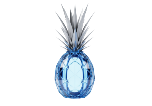 Highly stylized futuristic geometric pineapple, glowing azure, sharp metallic blades, polished, isolated transparent background. Concept of innovative synthetic beauty