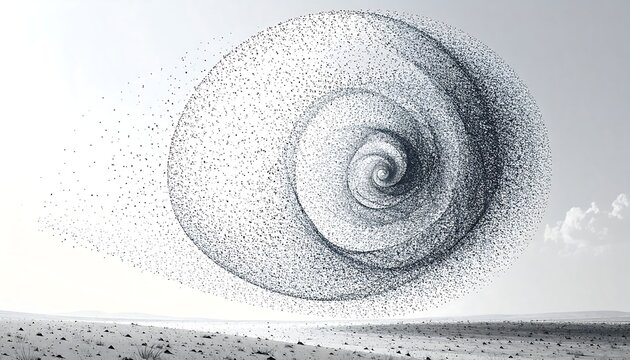 A swirling vortex of tiny particles floats above a desolate, beach-like landscape under a pale sky - Powered by Adobe
