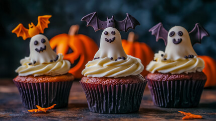 Cupcakes and pumpkin on a dark background. Sweets for the celebration of Halloween. Side view, horizontal. Bakery, confectionery menu. Close up