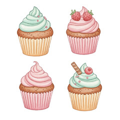 set of collection cupcakes watercolor element
