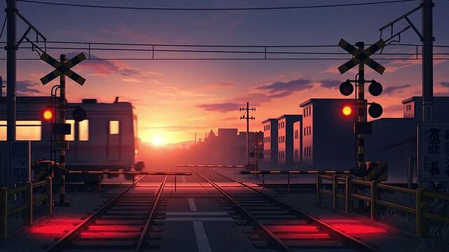 Evening cityscape featuring a railroad crossing and passing train under a colorful sky