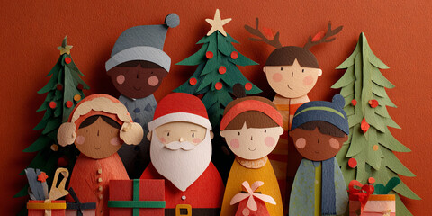 Cute paper cut style illustration of diverse kids with Santa Claus and a decorated Christmas tree. Whimsical holiday artwork for greeting cards, festive invitations, multicultural 