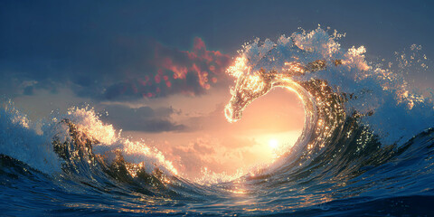 Abstract ocean wave at sunset transforming into the fiery shape of a horse head. Dramatic seascape with golden glowing water symbolizing the Chinese Zodiac Fire Horse year 2026.