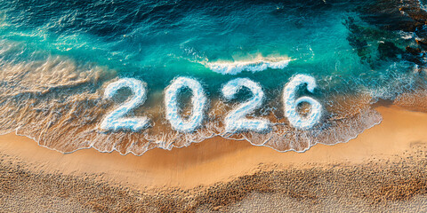 Abstract ocean wave with sparkling white foam forming the glowing numbers &ldquo;2026&rdquo;. Festive summer holiday concept symbolizing new year, celebration and fresh start.