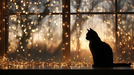 Silhouette of a cat sitting near a window with glowing Christmas fairy lights and golden sunset bokeh. Cozy holiday atmosphere, warm winter home concept.