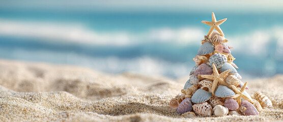 Creative Christmas tree made from seashells, corals and starfish on sandy beach with ocean waves in background. Tropical holiday concept, summer Christmas decoration.