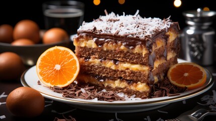 Chocolate coconut layer cake with orange slice