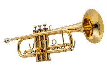 Fototapeta premium Shiny Gold Trumpet; Musical Instrument Close-up on White Background isolated on transparent background