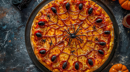 Board with tasty pizza and decorations for Halloween party.