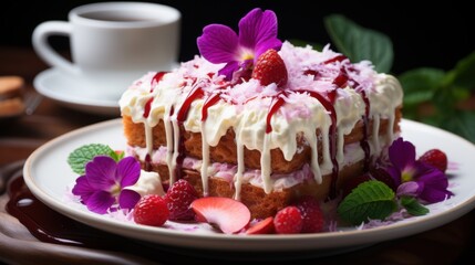 Delicious layered cake with berries and flower