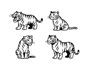 Set of four hand drawn black and white illustrations of tigers in different playful poses and expressions on a white background