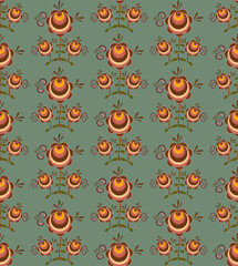 Seamless vector pattern with flowers and leaves hand-drawn, in the style of ancient paintings of the peoples of the north of Russia. for postcards, textiles, websites.