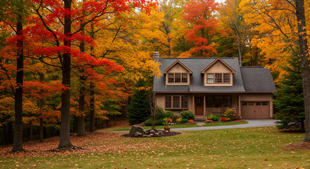 A home surrounded by a vibrant autumn forest