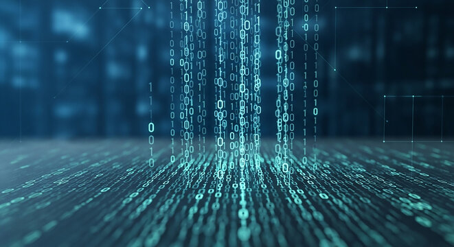 Abstract digital rain of blue binary code flowing downwards on a futuristic grid