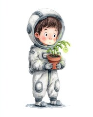 Curious child astronaut discovers life among stars with a small green plant