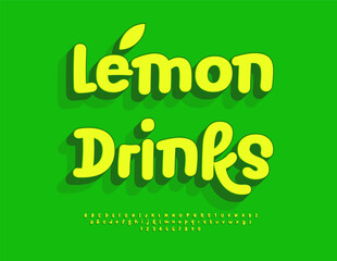 Vector Tasty label Lemon Drinks for Advertising, Menu, Cafe. Bright Artistic Font. Decorative Digital Alphabet Letters and Numbers set