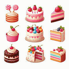 set of birthday cake, and cupcakes vector elements