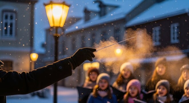 Conductor's hand with baton leading a children's choir singing Christmas carols in winter. Religious praise and worship for holiday season.