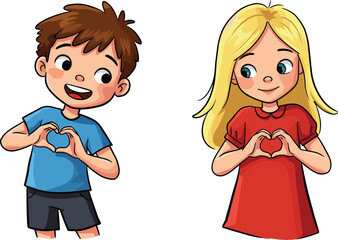 Cartoon boy and girl making hand heart gesture, cute children illustration, love symbol, friendship drawing, happy kids, adorable character design